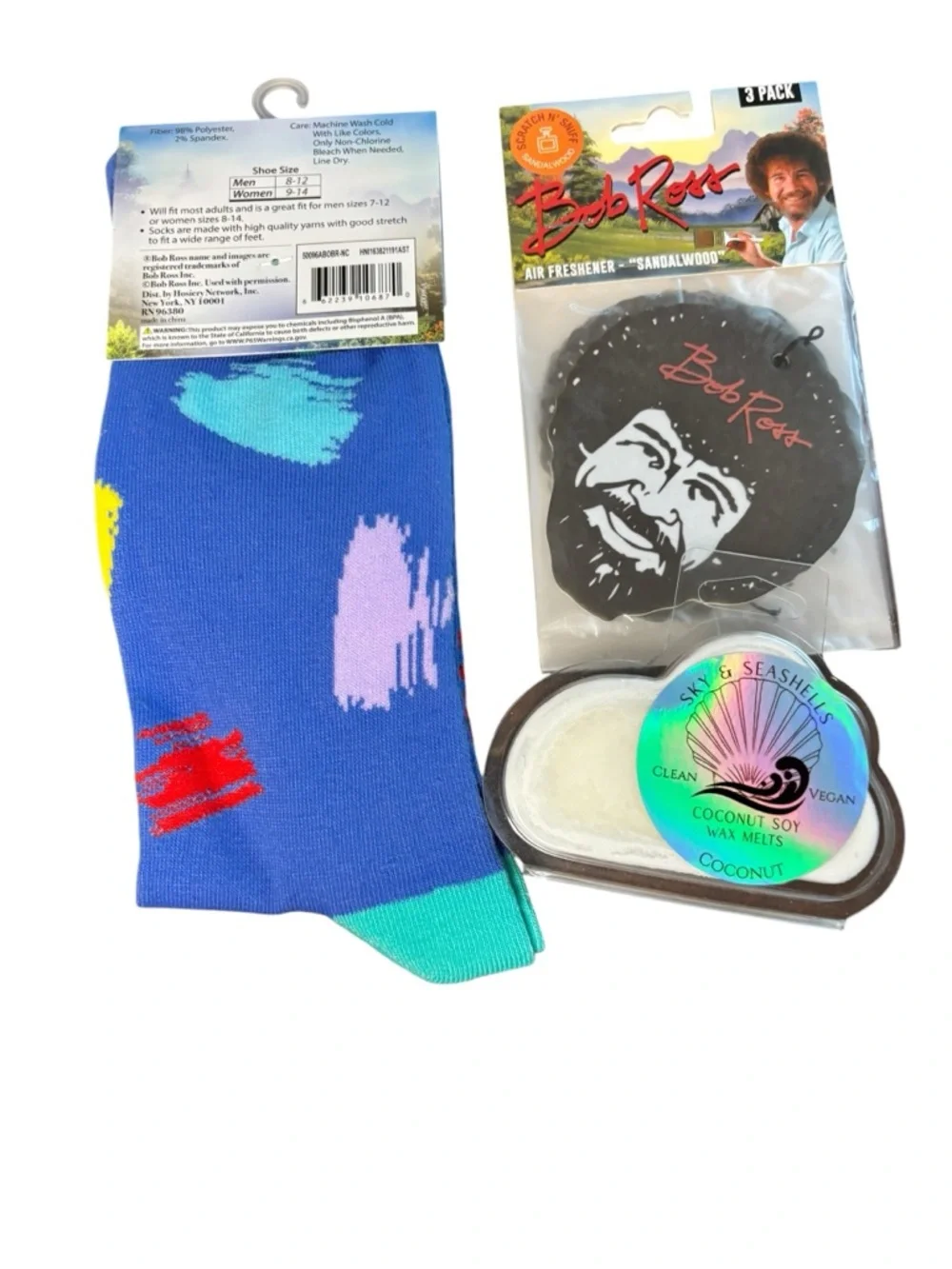 Bob Ross Bundle - Socks, 3pk Air freshner, happy cloud wax melt - Picture 3 of 7